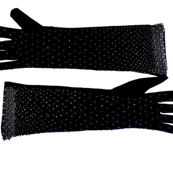 True Vintage Unworn 1950s Black Beaded Longer Length Evening Gloves One Size - Picture 3 of 7